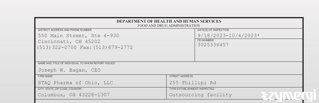 FDANews 483 STAQ Pharma of Ohio, LLC Oct 4 2023 top