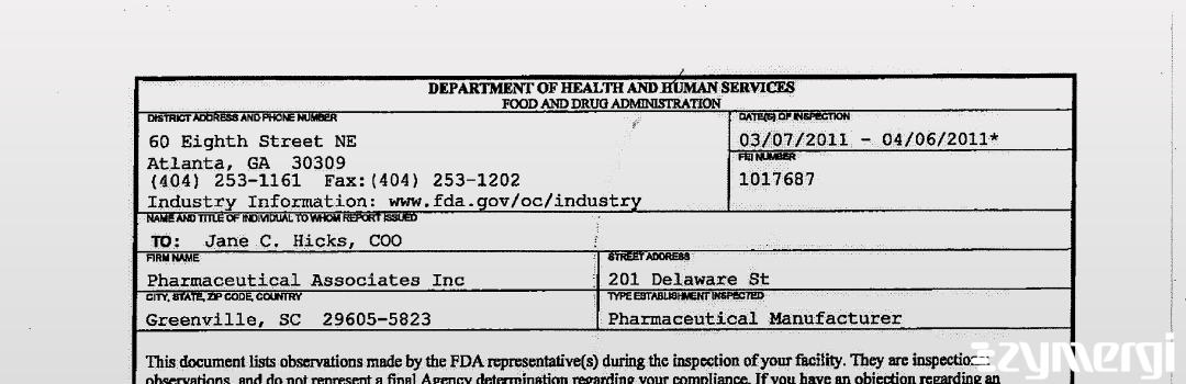 FDANews 483 Pharmaceutical Associates Inc Apr 6 2011 top