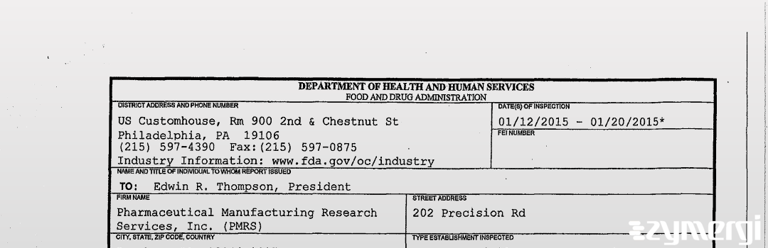 FDANews 483 Pharmaceutical Manufacturing Research Services, Inc (PMRS) Jan 20 2015 top