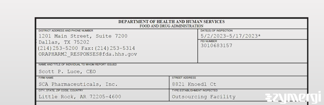 FDANews 483 SCA Pharmaceuticals, Inc. May 17 2023 top