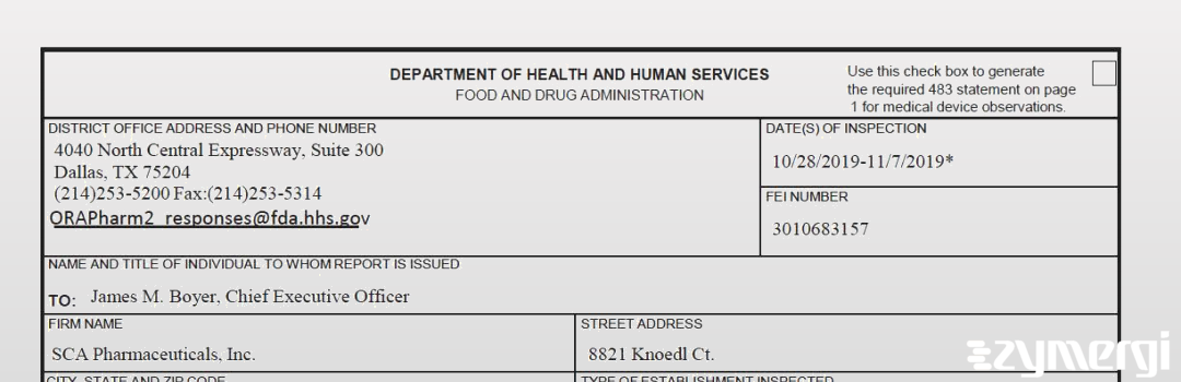 FDANews 483 SCA Pharmaceuticals, Inc. Nov 7 2019 top