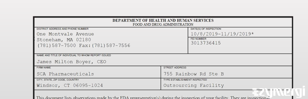 FDANews 483 SCA Pharmaceuticals Nov 19 2019 top