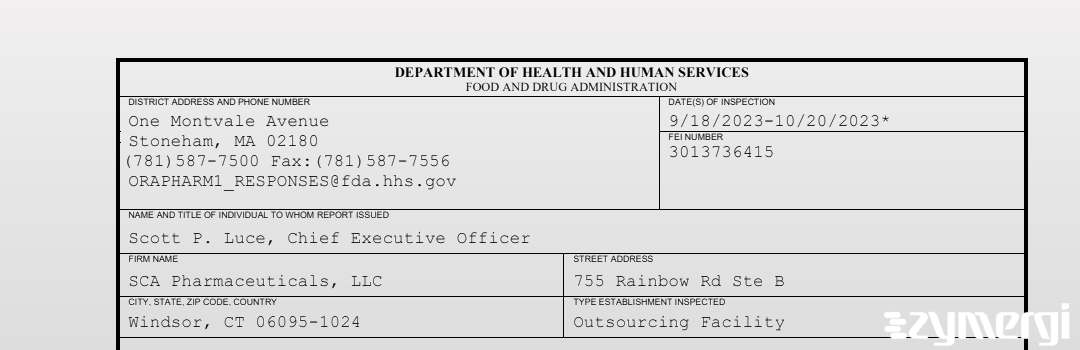 FDANews 483 SCA Pharmaceuticals, LLC Oct 20 2023 top