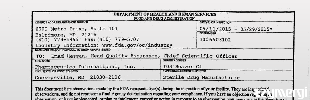 FDANews 483 Pharmaceutics International, Inc. May 29 2015 top