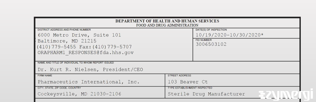 FDANews 483 Pharmaceutics International, Inc. Oct 30 2020 top