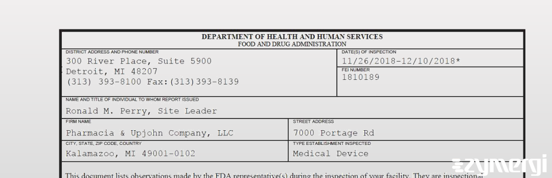 FDANews 483 Pharmacia & Upjohn Company LLC Dec 10 2018 top