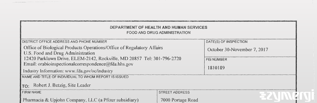 FDANews 483 Pharmacia & Upjohn Company LLC Nov 7 2017 top