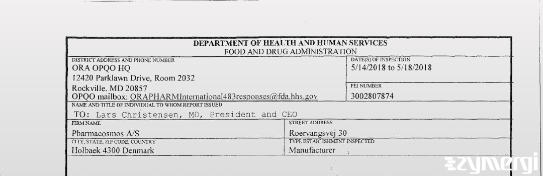 FDANews 483 Pharmacosmos A/S May 18 2018 top