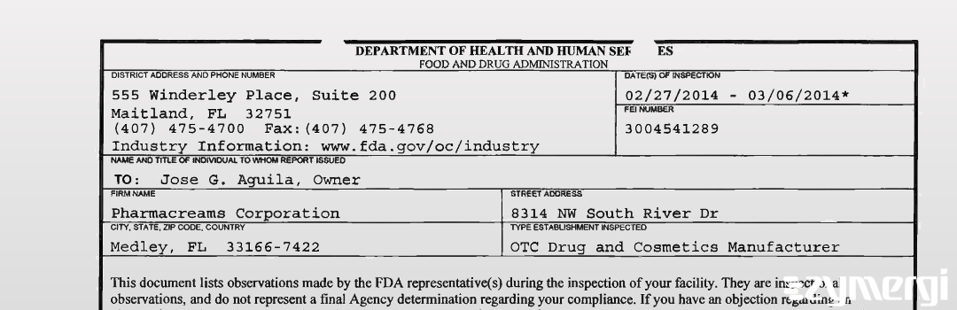 FDANews 483 Pharmacreams Corporation Mar 5 2014 top