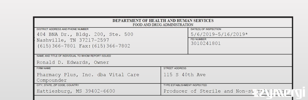 FDANews 483 Pharmacy Plus, Inc. dba Vital Care Compounder May 16 2019 top