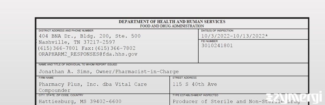 FDANews 483 Pharmacy Plus, Inc. dba Vital Care Compounder Oct 13 2022 top