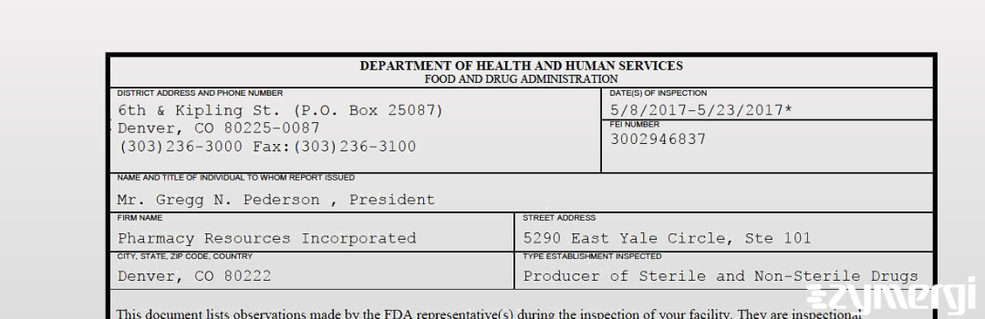 FDANews 483 Pharmacy Resources Incorporated May 23 2017 top