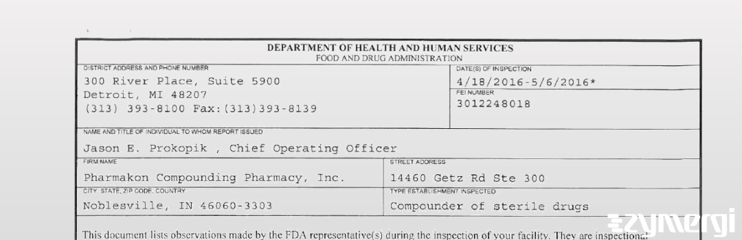 FDANews 483 Pharmakon Compounding Pharmacy, Inc. May 6 2016 top