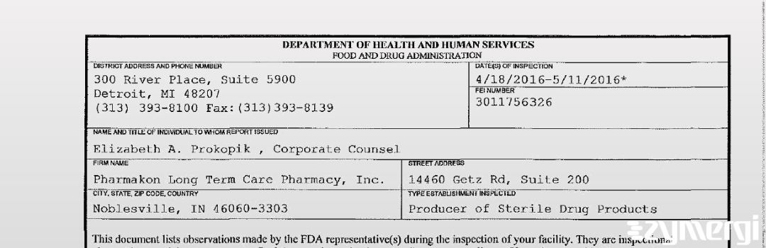 FDANews 483 Pharmakon Long Term Care Pharmacy, Inc. May 11 2016 top