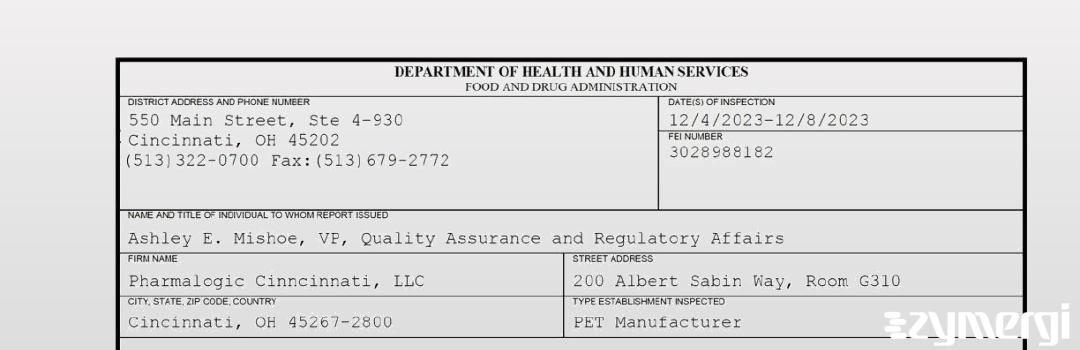 FDANews 483 Pharmalogic Cincinnati, LLC Dec 8 2023 top