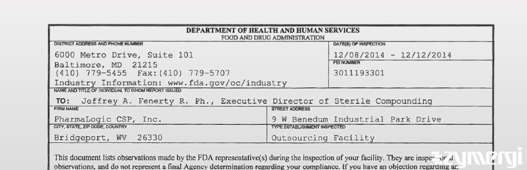 FDANews 483 PharmaLogic CSP, Inc. Dec 12 2014 top