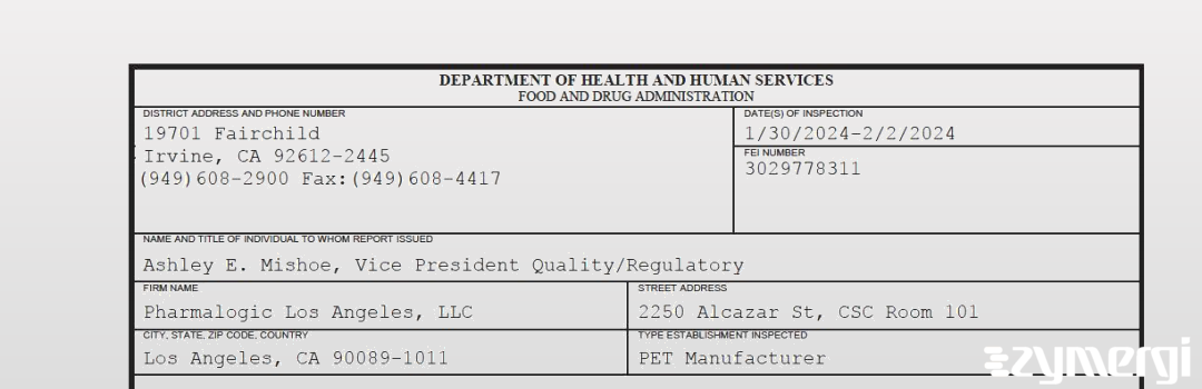 FDANews 483 Pharmalogic Los Angeles, LLC Feb 2 2024 top