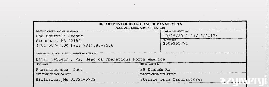 FDANews 483 Pharmalucence, Inc. Nov 13 2017 top