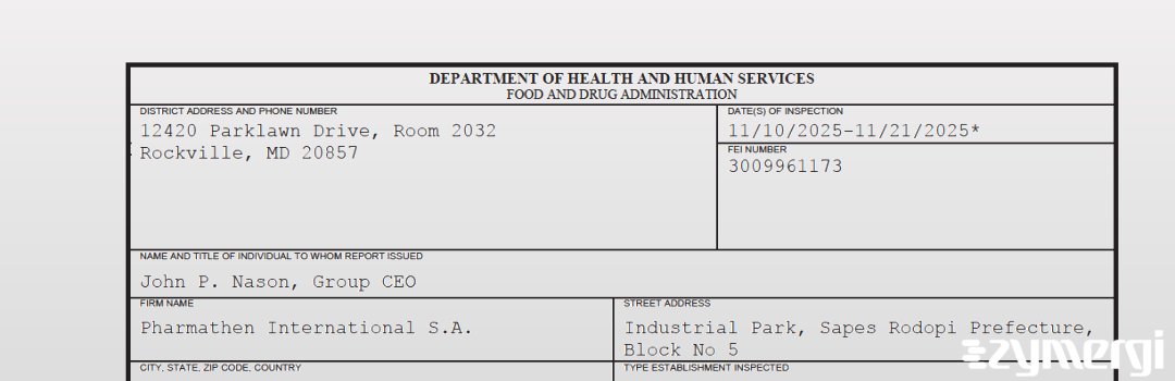 FDANews 483 Pharmathen International S.A. Nov 21 2025 top