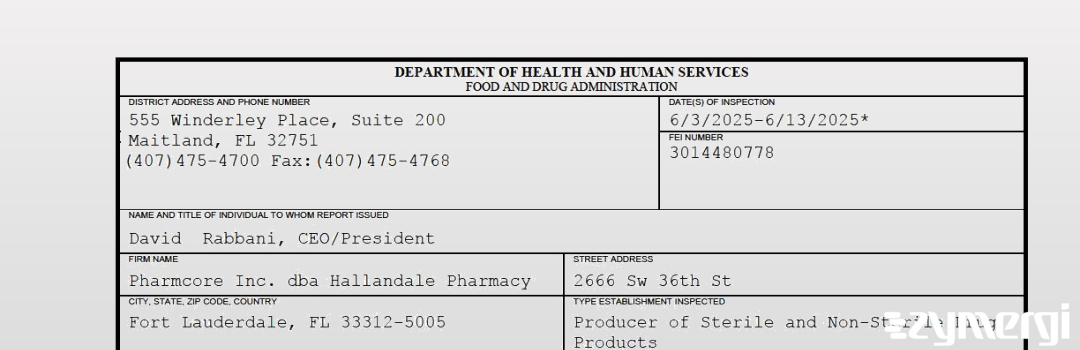 FDANews 483 Pharmcore Inc. dba Hallandale Pharmacy Jun 13 2025 top