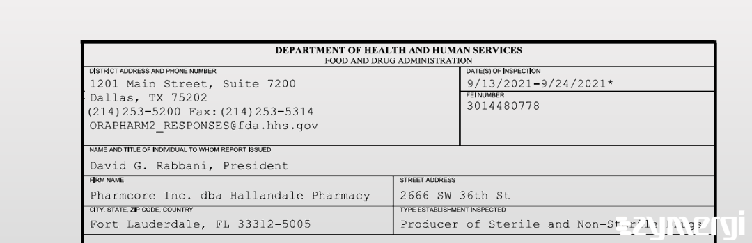 FDANews 483 Pharmcore Inc. dba Hallandale Pharmacy Sep 24 2021 top