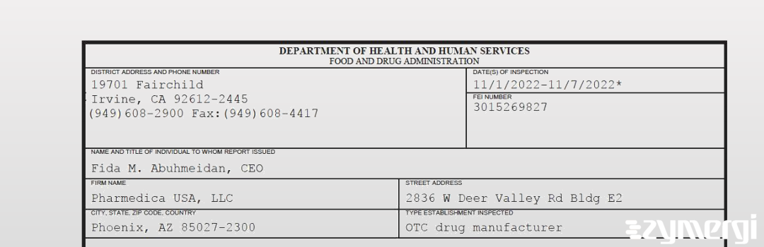 FDANews 483 Pharmedica USA, LLC Nov 7 2022 top