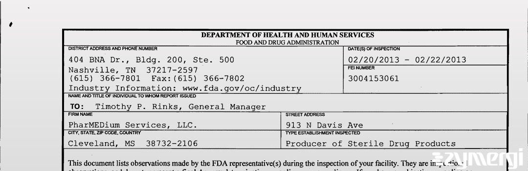 FDANews 483 PharMEDium Services, LLC. Feb 22 2013 top