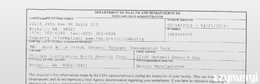 FDANews 483 Philips Electronics North America Corp. Apr 21 2015 top