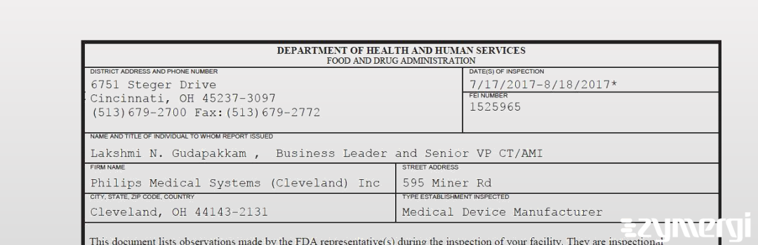 FDANews 483 Philips Medical Systems (Cleveland) Inc Aug 18 2017 top