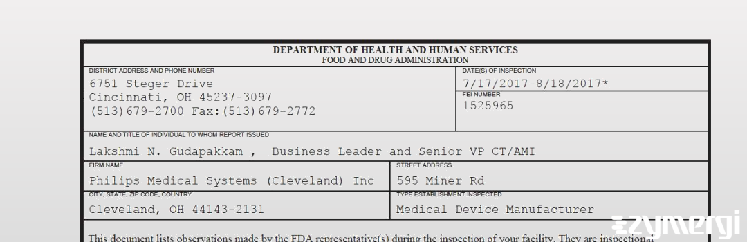 FDANews 483 Philips Medical Systems (Cleveland) Inc Aug 18 2017 top