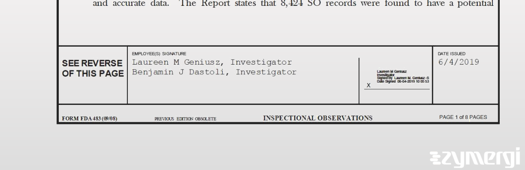 Benjamin J. Dastoli FDA Investigator Laureen M. Geniusz FDA Investigator 