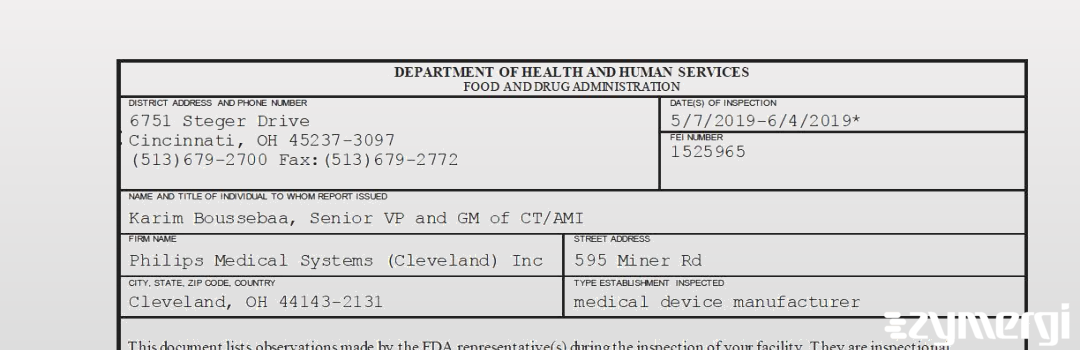 FDANews 483 Philips Medical Systems (Cleveland) Inc Jun 4 2019 top