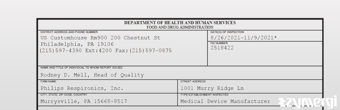 FDANews 483 Philips Respironics, Inc. Nov 9 2021 top