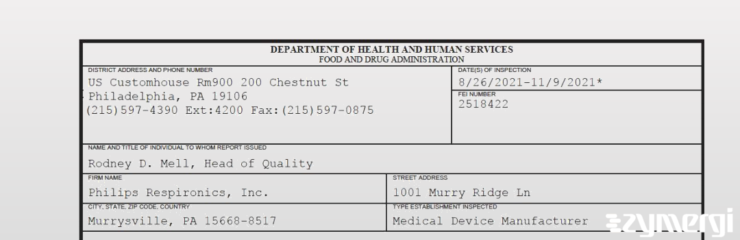 FDANews 483 Philips Respironics, Inc. Nov 9 2021 top