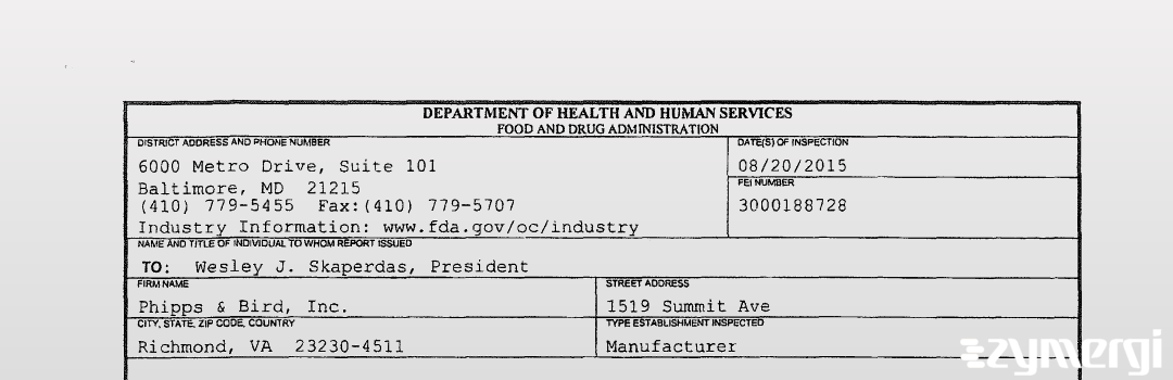 FDANews 483 Phipps & Bird, Inc. Aug 20 2015 top