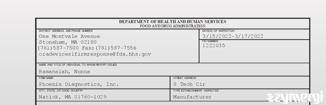 FDANews 483 Phoenix Diagnostics, Inc. Mar 17 2022 top