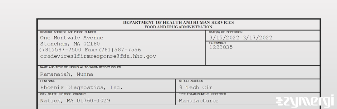FDANews 483 Phoenix Diagnostics, Inc. Mar 17 2022 top