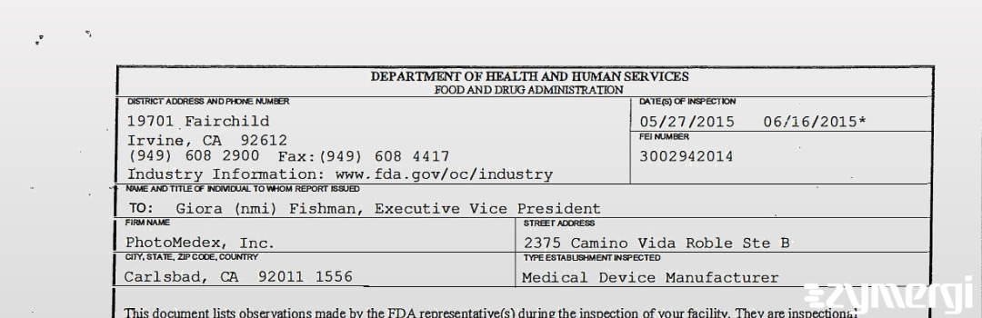 FDANews 483 PhotoMedex, Inc. Jun 16 2015 top