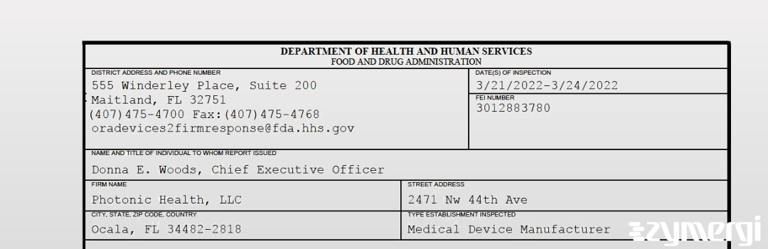 FDANews 483 Photonic Health, LLC Mar 24 2022 top