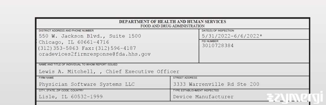 FDANews 483 Physician Software Systems LLC Jun 6 2022 top