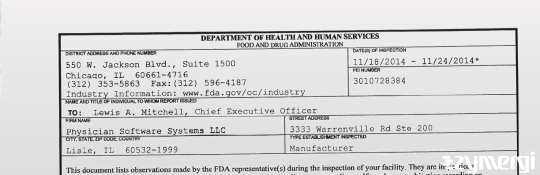 FDANews 483 Physician Software Systems LLC Nov 24 2014 top