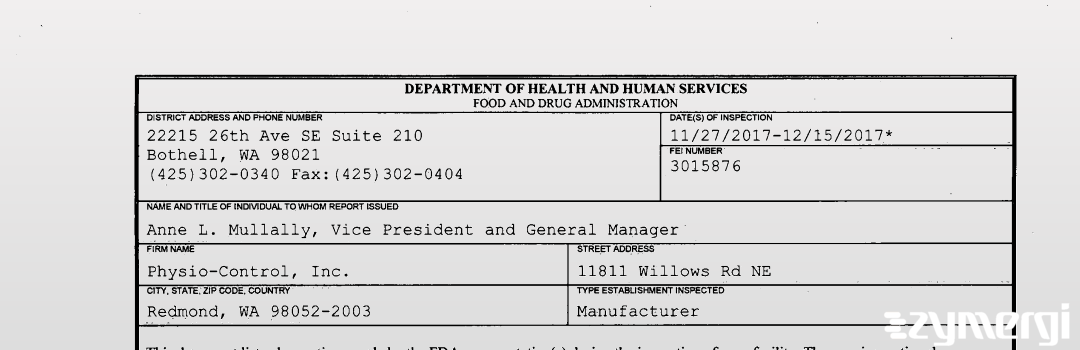 FDANews 483 Physio-Control, Inc. Dec 15 2017 top