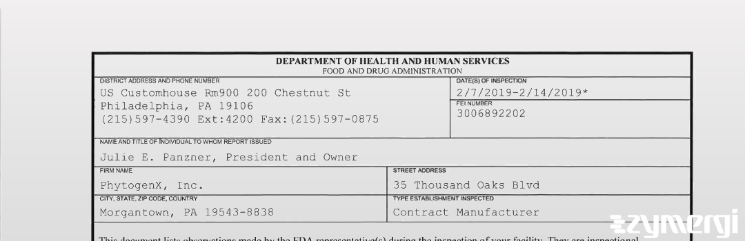 FDANews 483 PhytogenX, Inc. Feb 14 2019 top