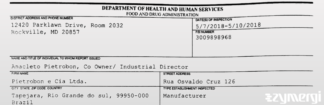 FDANews 483 Pietrobon e Cia Ltda. May 10 2018 top