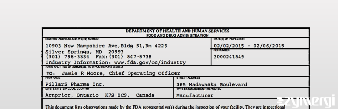 FDANews 483 Pillar5 Pharma Inc. Feb 6 2015 top