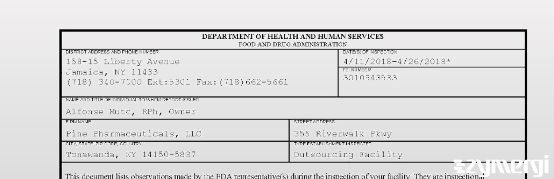 FDANews 483 Pine Pharmaceuticals, LLC Apr 26 2018 top