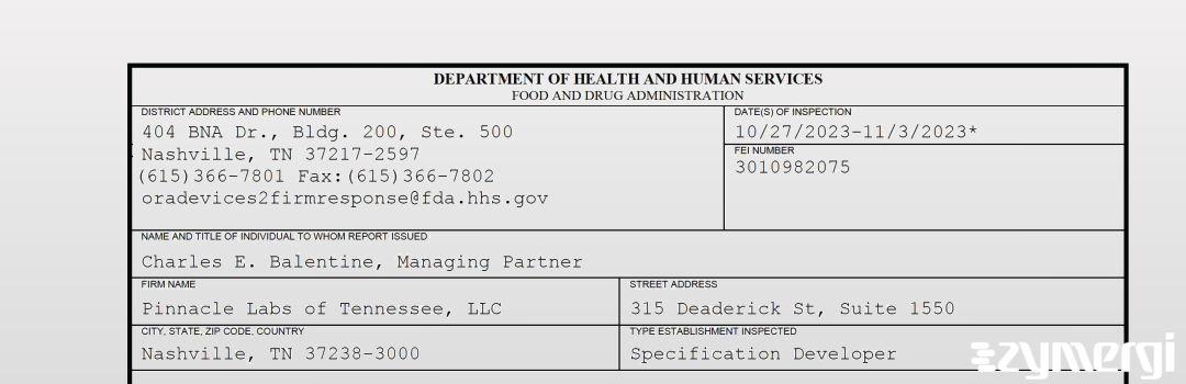 FDANews 483 Pinnacle Labs of Tennessee, LLC Nov 3 2023 top