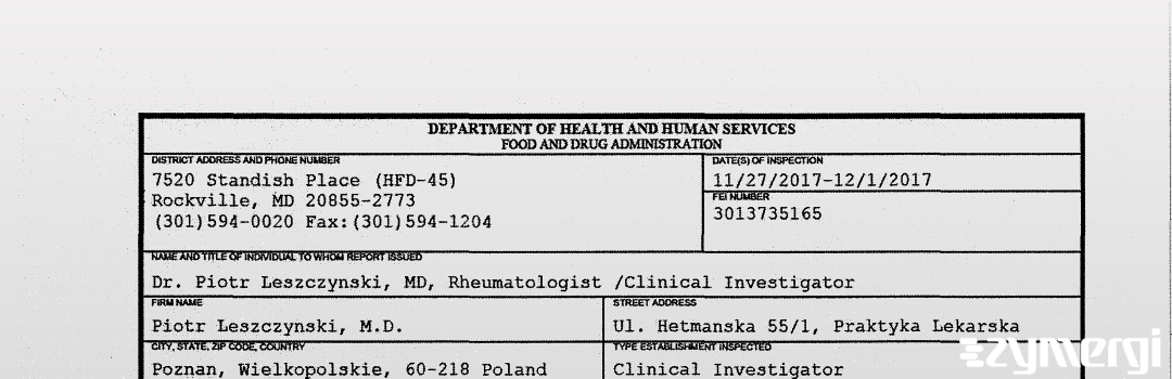 FDANews 483 Piotr Leszczynski, M.D. Dec 1 2017 top