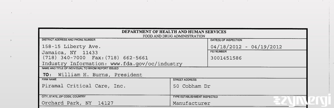 FDANews 483 Piramal Critical Care, Inc. Apr 19 2012 top