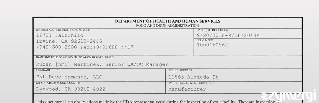 FDANews 483 P&L Developments, LLC Sep 26 2018 top